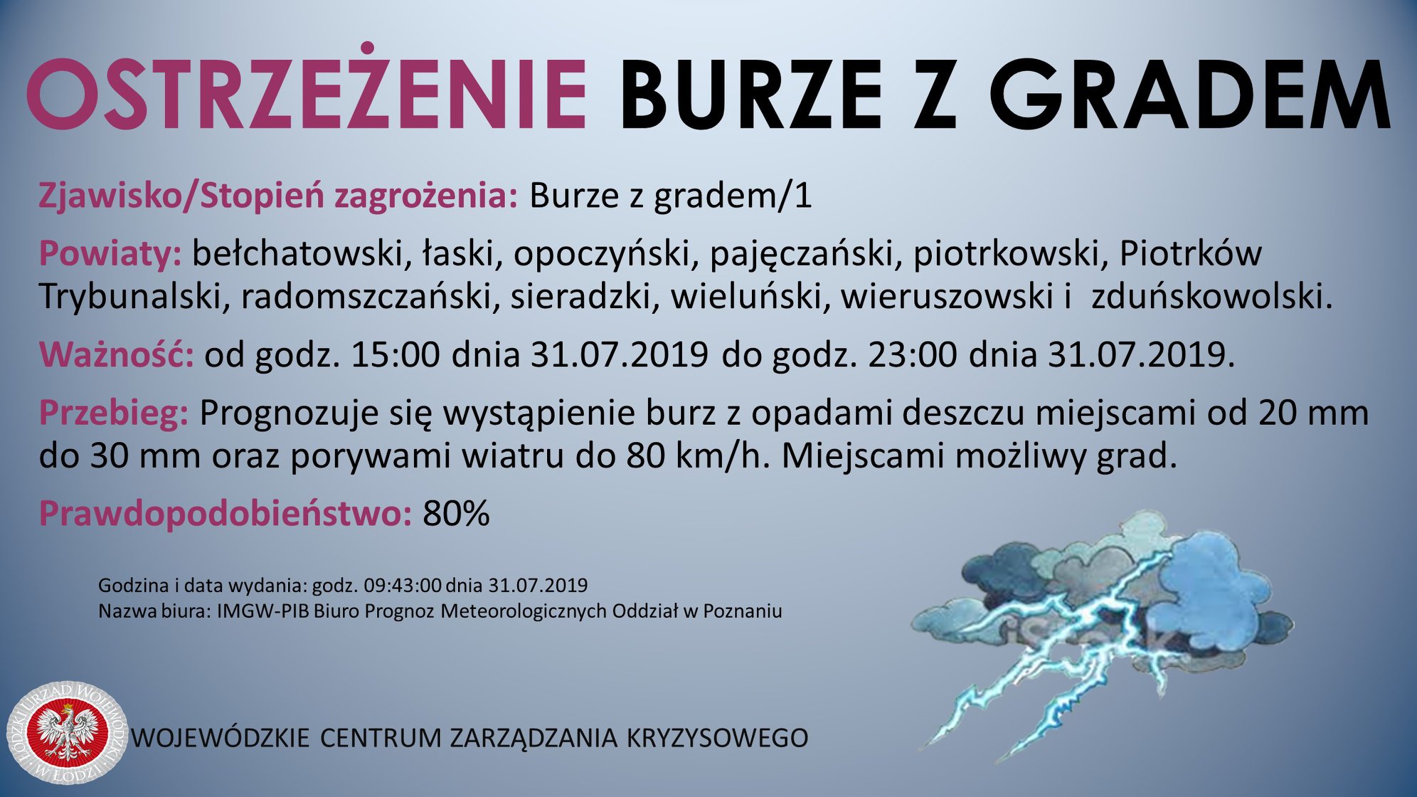 Ostrzeżenie meteorologiczne
 Zjawisko/Stopień zagrożenia: Burze z gradem/1
 Powi...