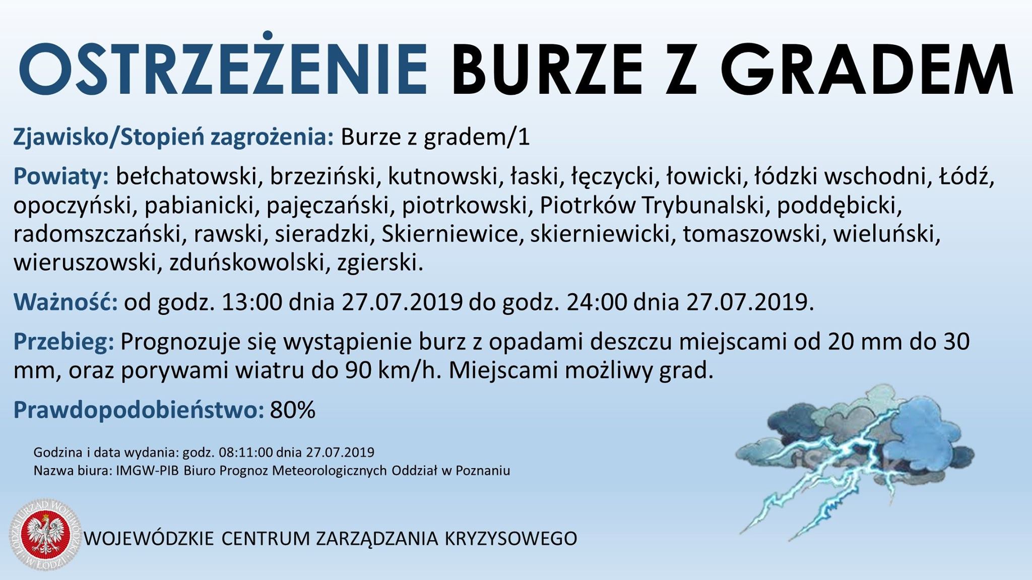 Ostrzeżenie meteorologiczne
 Zjawisko/Stopień zagrożenia: Burze z gradem/1
 Powi...