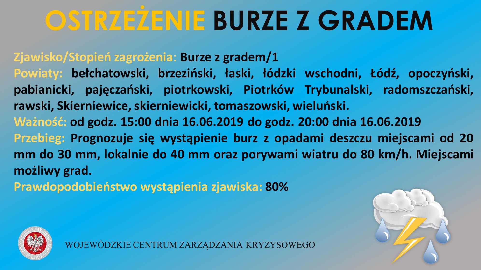 Ostrzeżenie meteorologiczne
 Zjawisko/Stopień zagrożenia: Burze z gradem/1
 Powi...