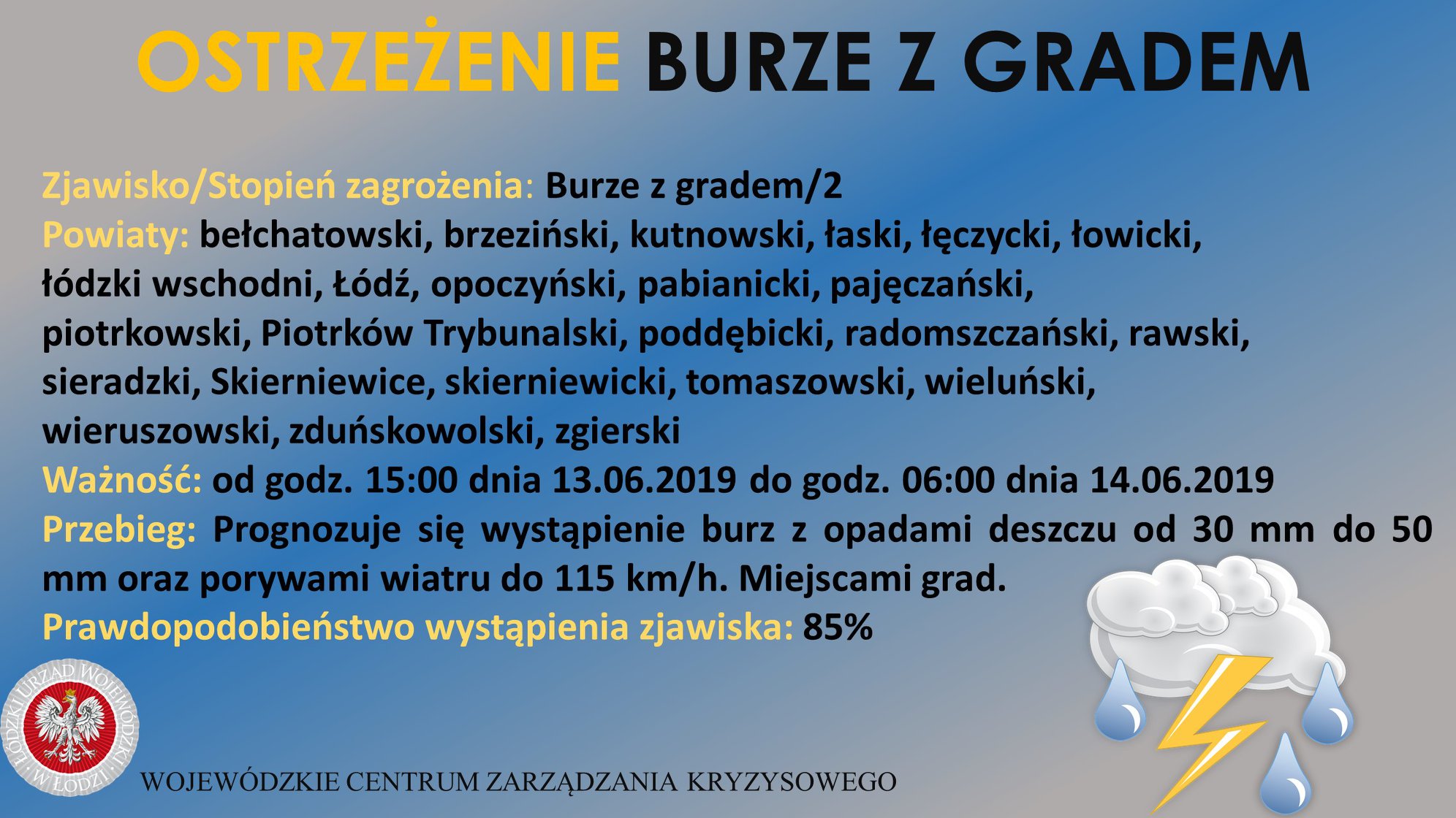 Ostrzeżenie meteorologiczne 
 Zjawisko/Stopień zagrożenia: Burze z gradem/2
 Obs...