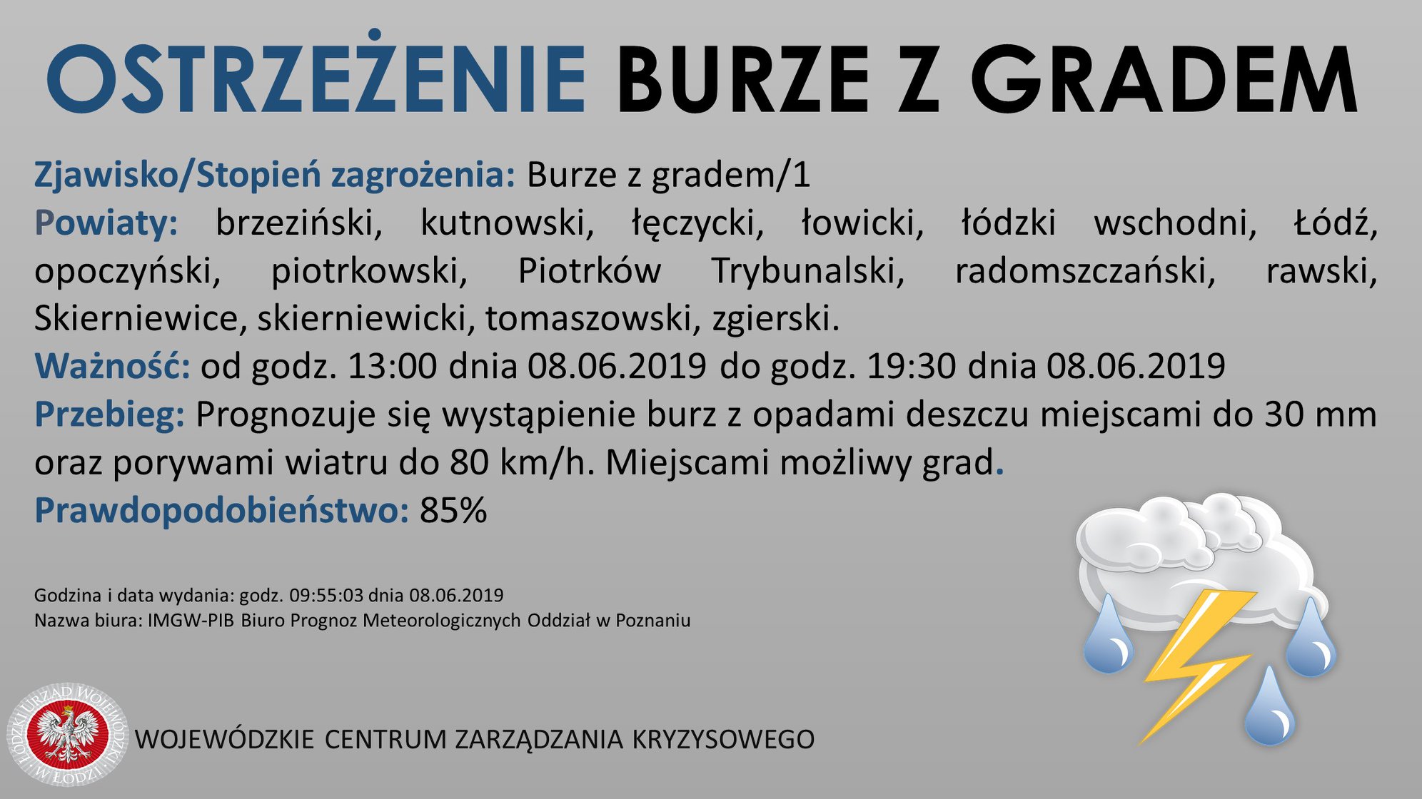 Ostrzeżenie meteorologiczne 
 Zjawisko/Stopień zagrożenia: Burze z gradem/1
 Pow...