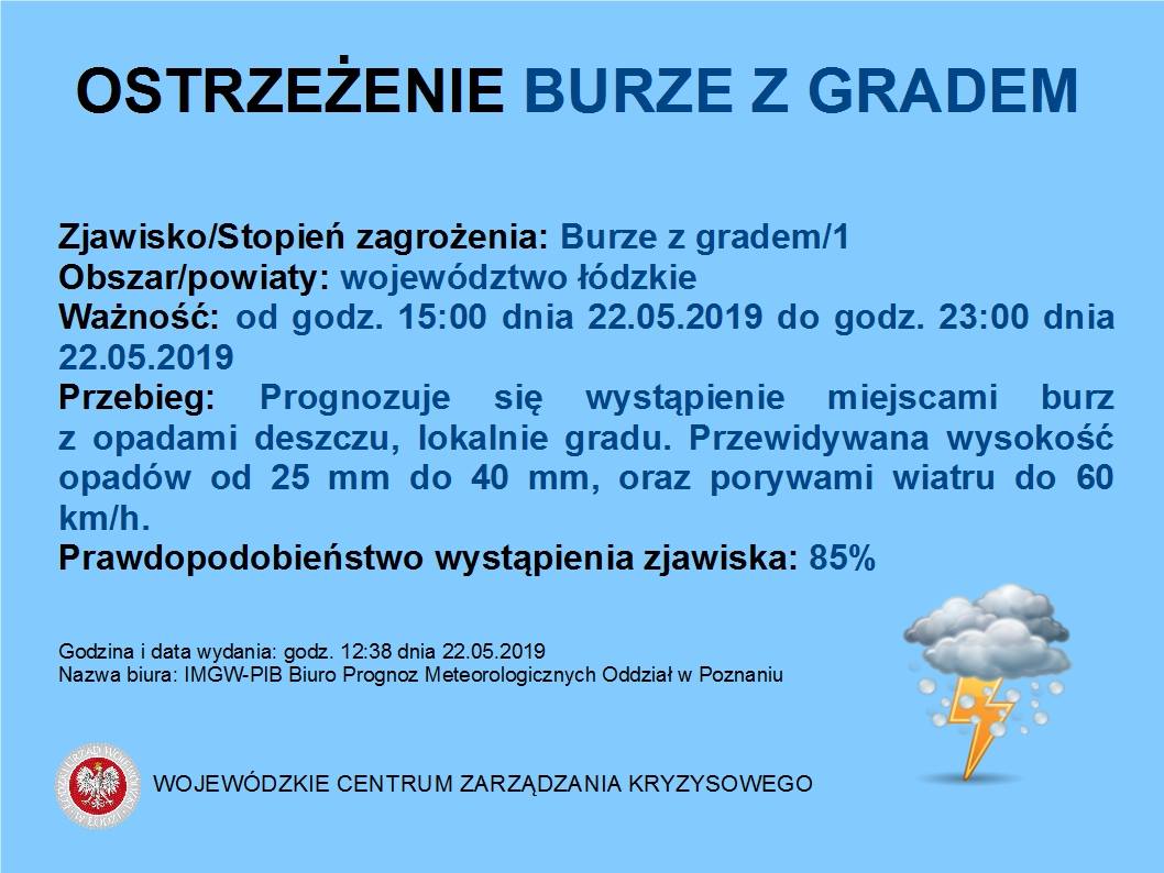 Ostrzeżenie meteorologiczne
 Zjawisko/Stopień zagrożenia: Burze z gradem/1
 Obsz...