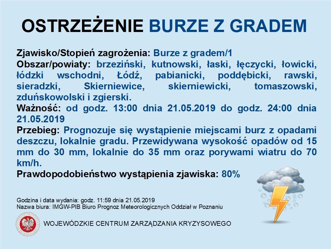 Ostrzeżenie meteorologiczne
 Zjawisko/Stopień zagrożenia: Burze z gradem/1
 Obsz...