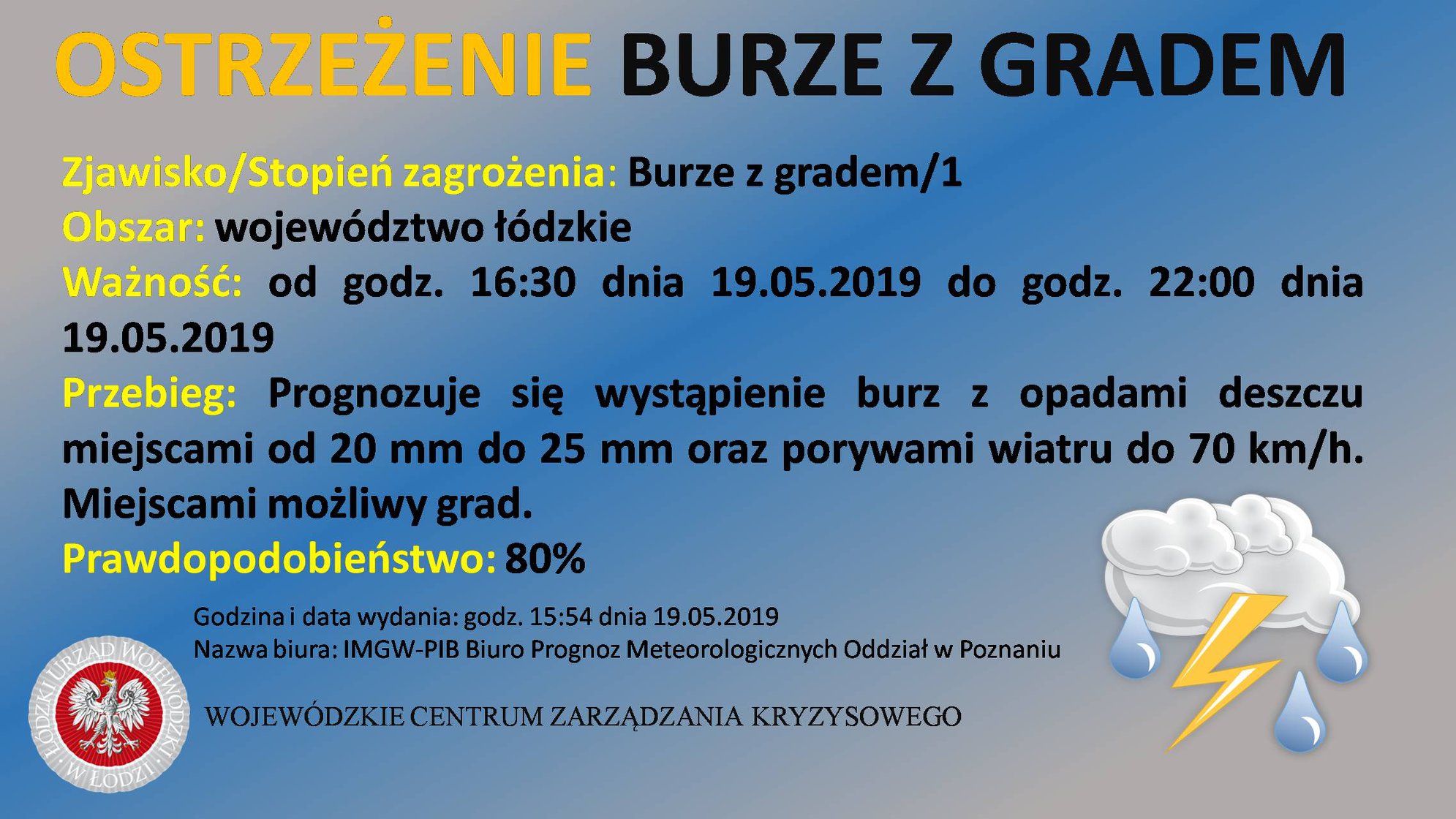 Ostrzeżenie meteorologiczne
 Zjawisko/Stopień zagrożenia: Burze z gradem/1
 Obsz...