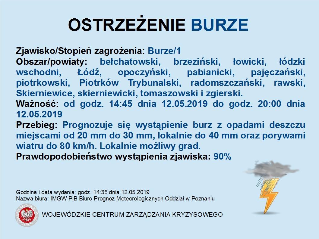 Ostrzeżenie meteorologiczne
 Zjawisko/Stopień zagrożenia: Burze/1
 Obszar: bełch...