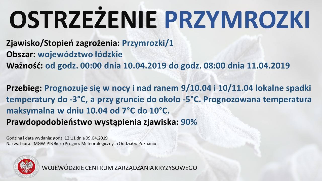 Ostrzeżenie meteorologiczne
 Zjawisko/Stopień zagrożenia: Przymrozki/1
 Obszar: ...