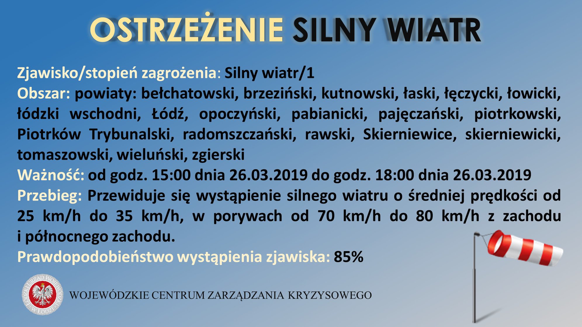Ostrzeżenie meteorologiczne
 Zjawisko/stopień zagrożenia: Silny wiatr/1
 Obszar:...