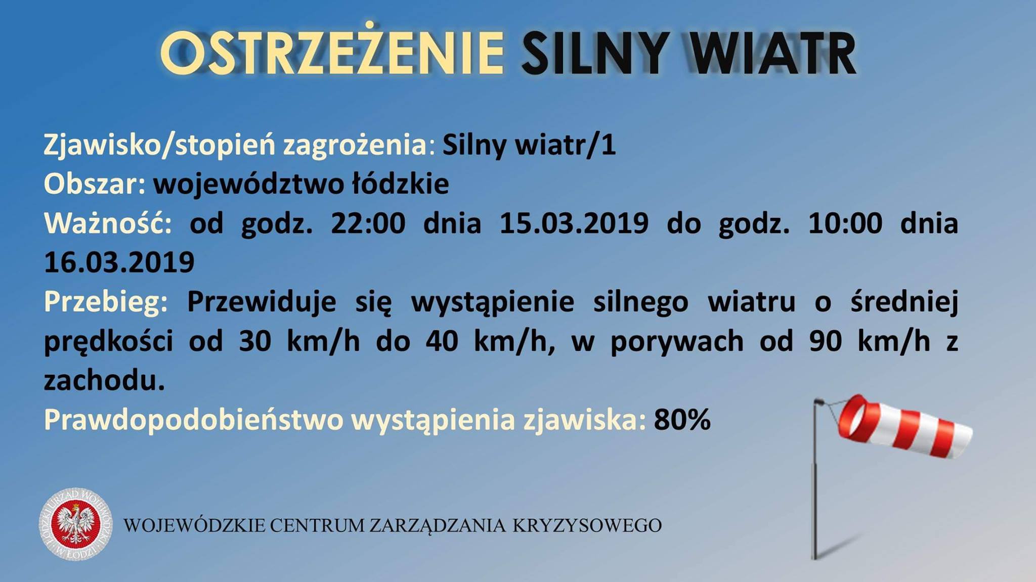 Ostrzeżenie meteorologiczne
 Zjawisko/stopień zagrożenia: Silny wiatr/1
 Obszar:...