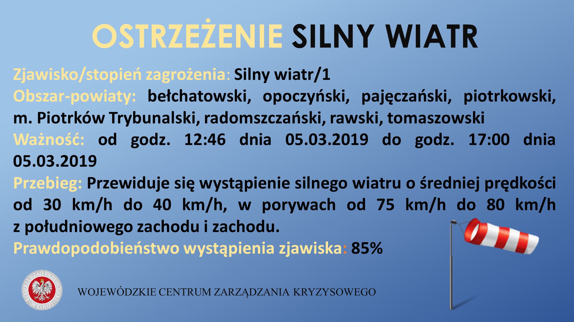 Ostrzeżenie meteorologiczne
 Zjawisko/stopień zagrożenia: Silny wiatr/1
 Obszar-...