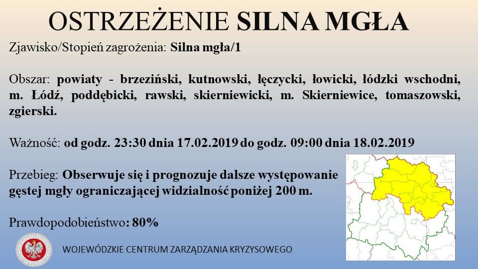 Ostrzeżenie meteorologiczne
 Zjawisko/Stopień zagrożenia: Silna mgła/1
 Obszar: ...