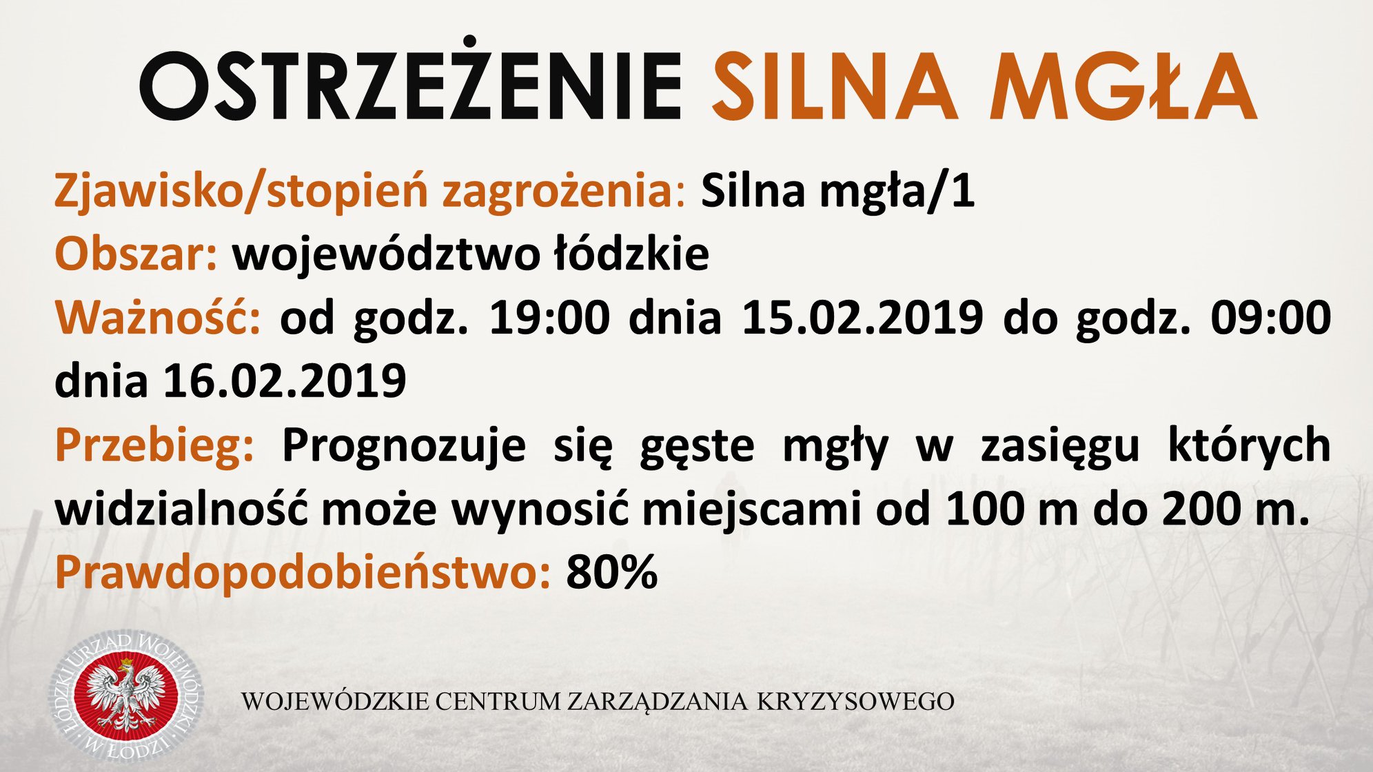 Ostrzeżenie meteorologiczne
 Zjawisko/Stopień zagrożenia: Silna mgła/1
 Obszar: ...