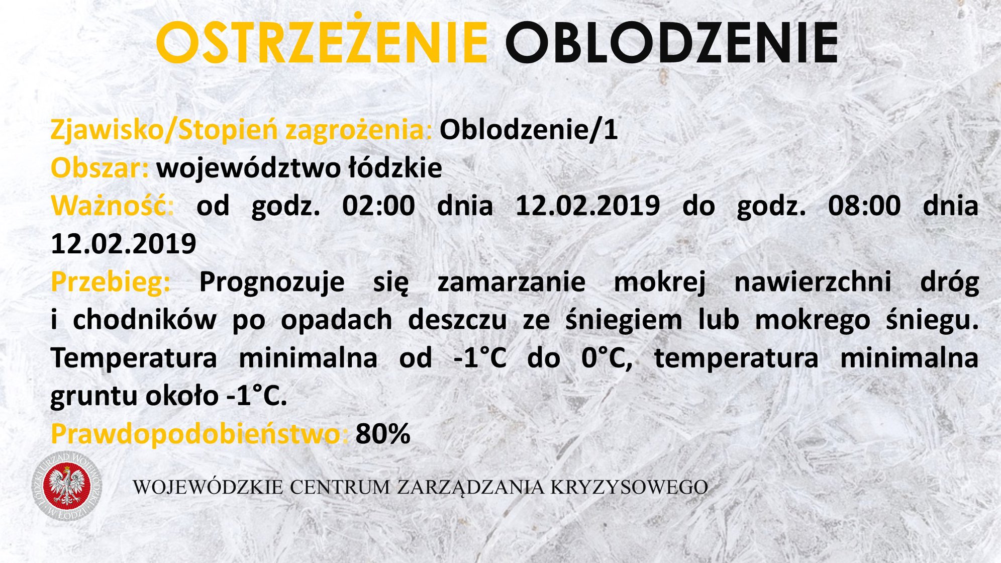 Ostrzeżenie meteorologiczne
 Zjawisko/Stopień zagrożenia: Oblodzenie/1
 Obszar: ...