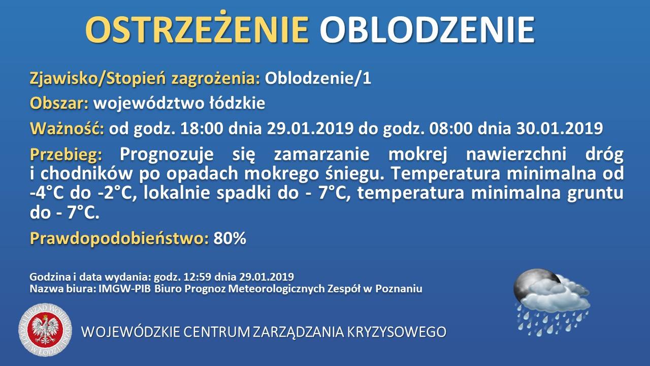 Ostrzeżenie meteorologiczne 
 Zjawisko/Stopień zagrożenia: Oblodzenie/1
 Obszar:...