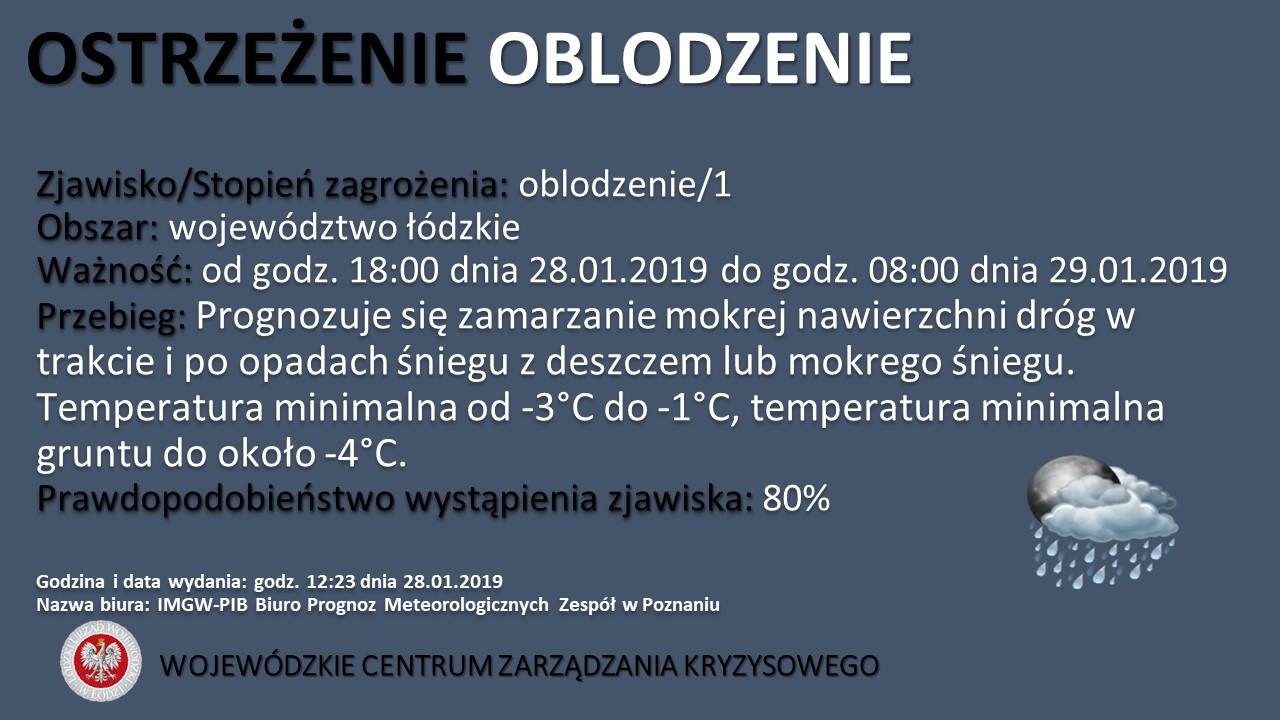 Ostrzeżenie meteorologiczne
 Zjawisko/Stopień zagrożenia: Oblodzenie/1
 Obszar: ...
