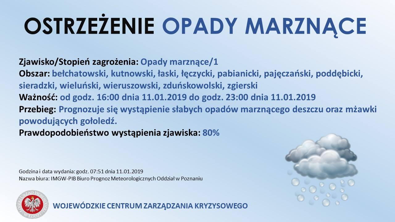 Ostrzeżenie meteorologiczne
 Zjawisko/Stopień: zagrożenia Opady marznące/1
 Obsz...