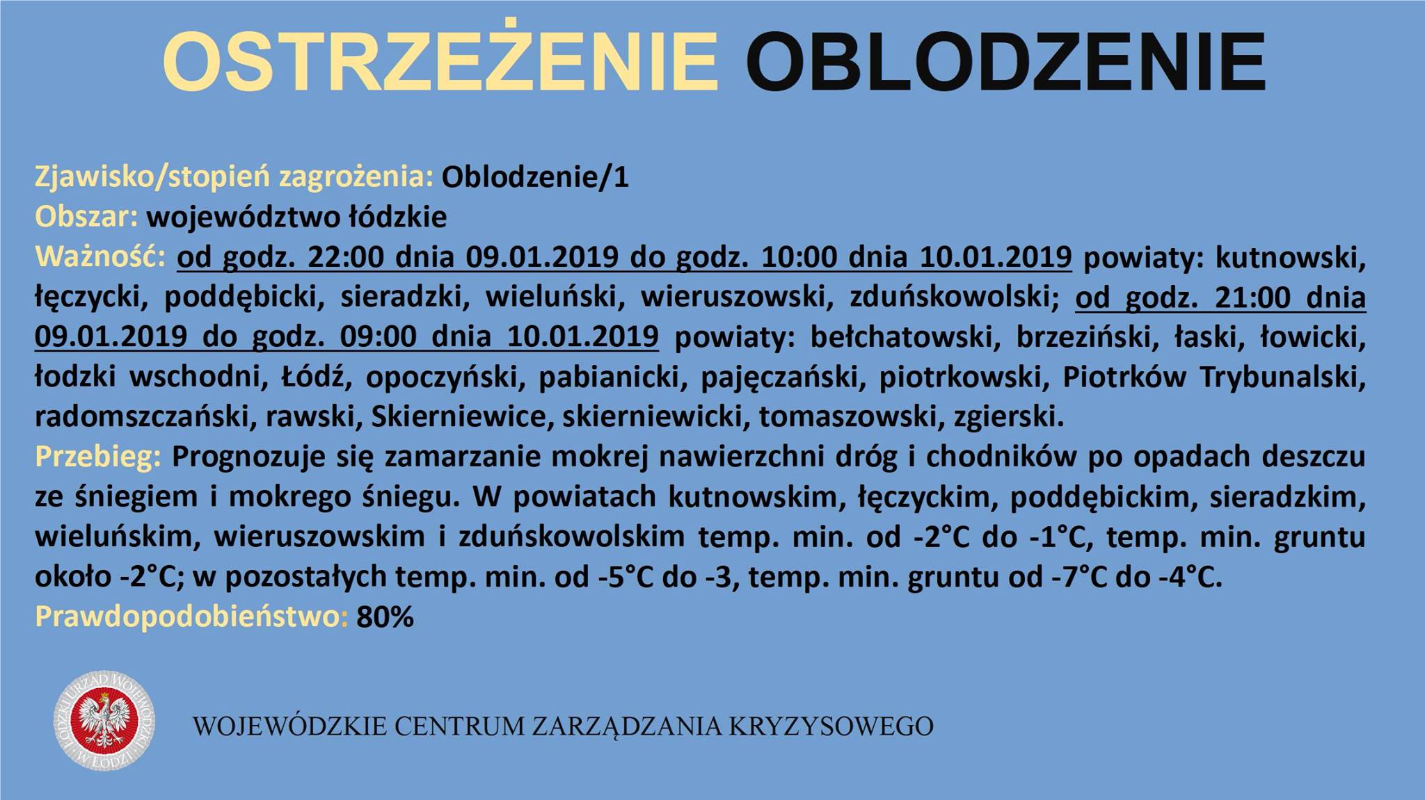 Ostrzeżenie meteorologiczne
 Zjawisko/stopień zagrożenia: Oblodzenie/1
 Obszar: ...