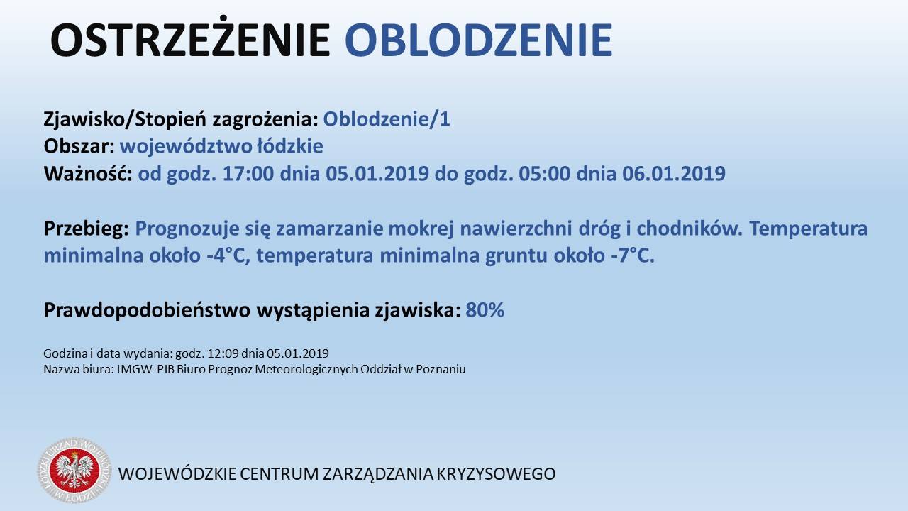 OSTRZEŻENIE METEOROLOGICZNE
 Zjawisko/Stopień zagrożenia: Oblodzenie/1
 Obszar: ...
