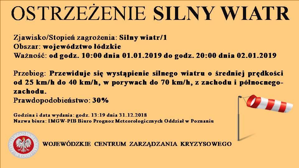 OSTRZEŻENIE METEOROLOGICZNE 
 Zjawisko/Stopień zagrożenia: Silny wiatr/1
 Obszar...