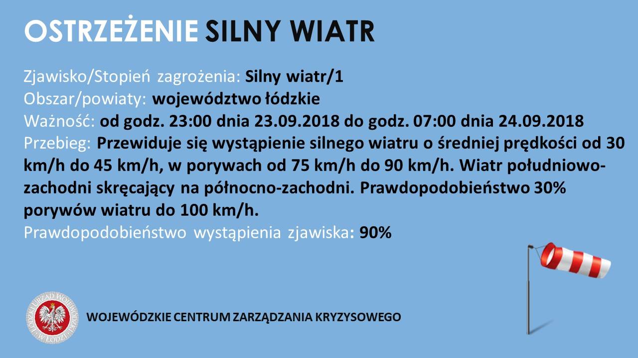OSTRZEŻENIE 
 Zjawisko/Stopień zagrożenia: Silny wiatr/1
 Obszar/powiaty: wojewó...