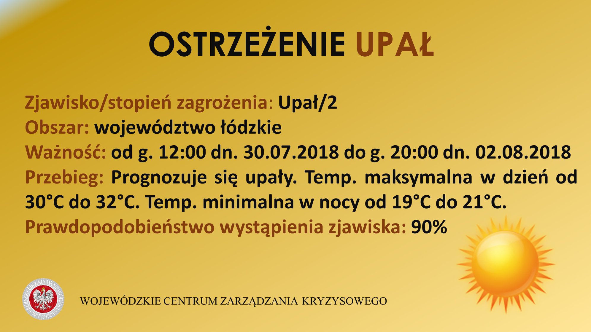 Zjawisko/stopień zagrożenia: Upał/2
 Obszar: województwo łódzkie (wszystkie powi...