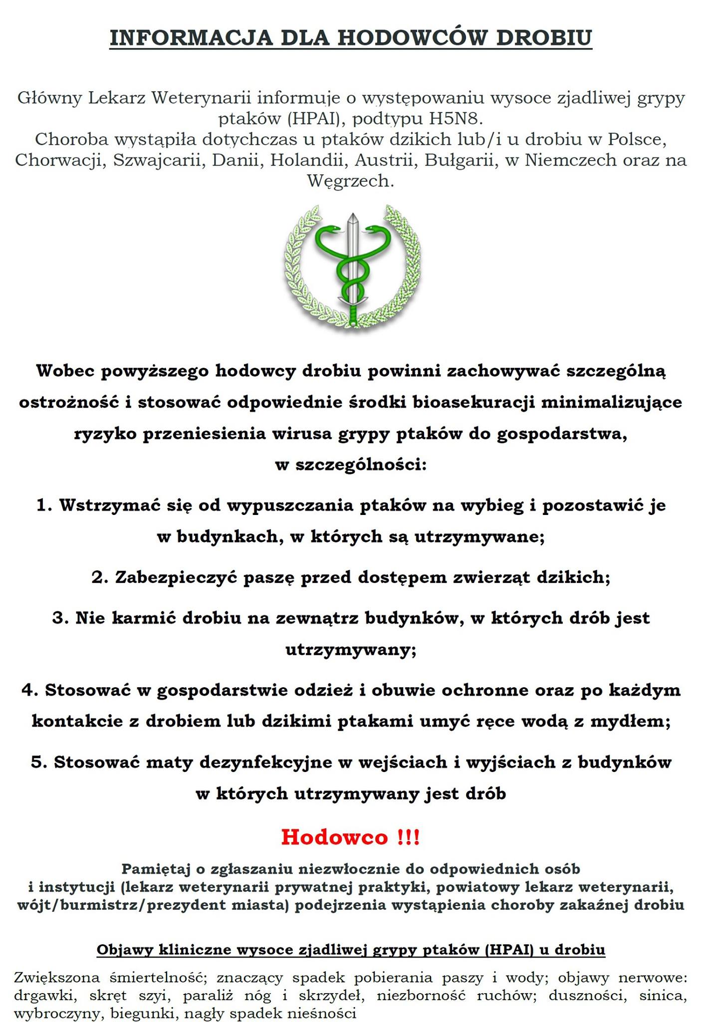 Informacja Głównego Lekarza Weterynarii dla hodowców drobiu w związku z H5N8