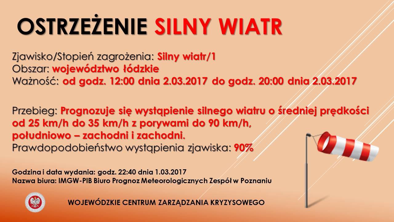 Numer ostrzeżenia: 12
 Ważność: Od 2017-03-02 12:00 do 2017-03-02 20:00
 Obszar:...