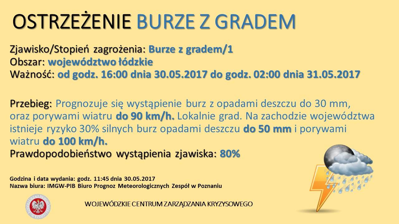 Numer ostrzeżenia:  22 
 Ważność:  Od 2017-05-30 16:00 do 2017-05-31 02:00 
 Obs...