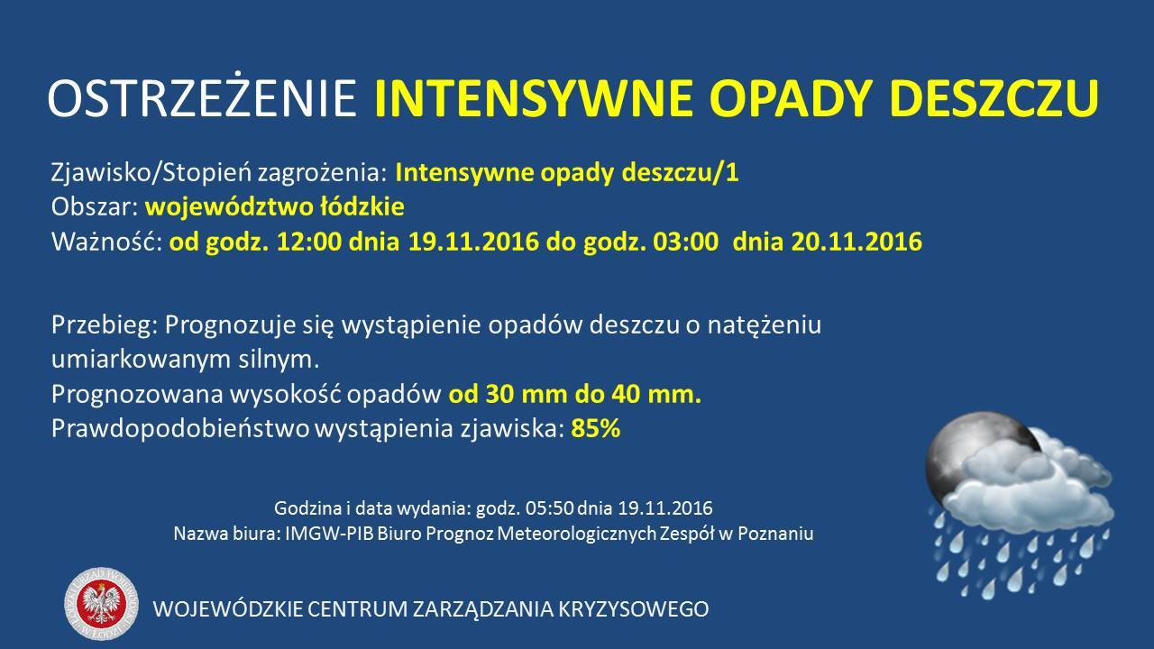 Numer ostrzeżenia: 52
 Ważność: Od 2016-11-19 12:00 do 2016-11-20 03:00
 Obszar:...