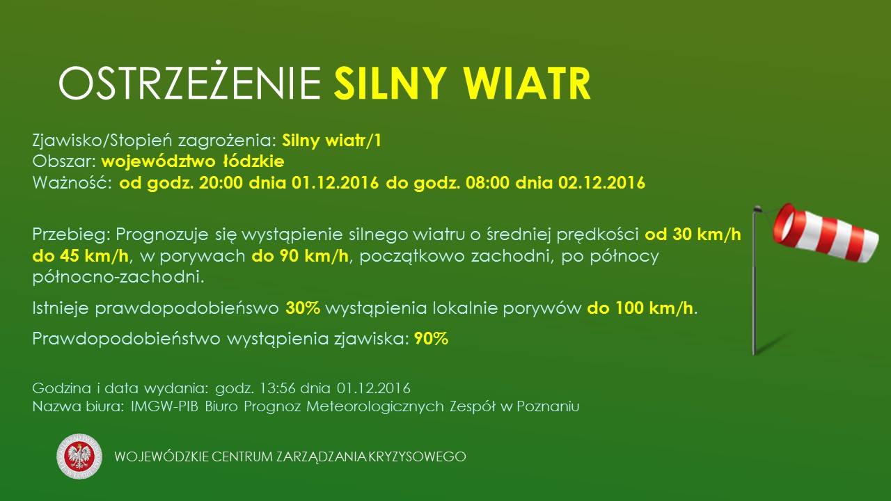 Numer ostrzeżenia: 54 
 Ważność: od godz. 20:00 dnia 01.12.2016 do godz. 08:00 d...