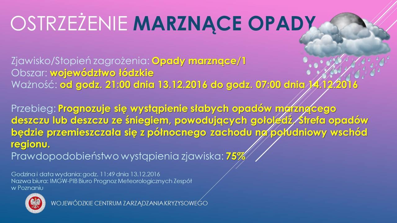 Numer ostrzeżenia:  57 
 Ważność:  Od 2016-12-13 21:00 do 2016-12-14 07:00 
 Obs...