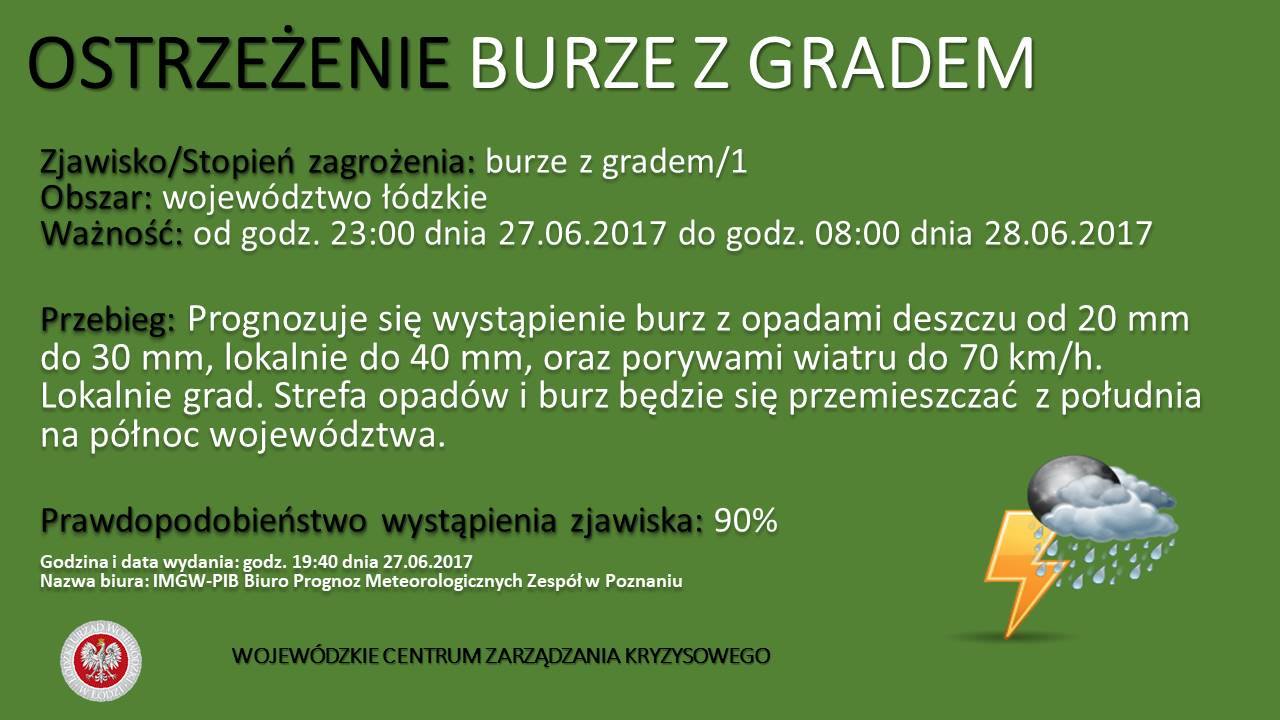 Numer ostrzeżenia:29
 Ważność: Od 2017-06-27 23:00 do 2017-06-28 08:00
 Obszar: ...
