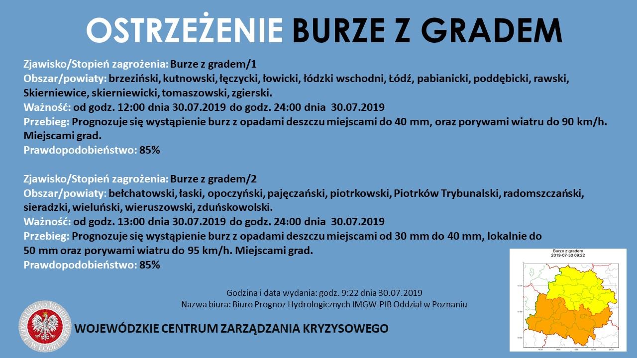 OSTRZEŻENIE BURZE Z GRADEM
 Zjawisko/Stopień zagrożenia: Burze z gradem/1
 Obsza...
