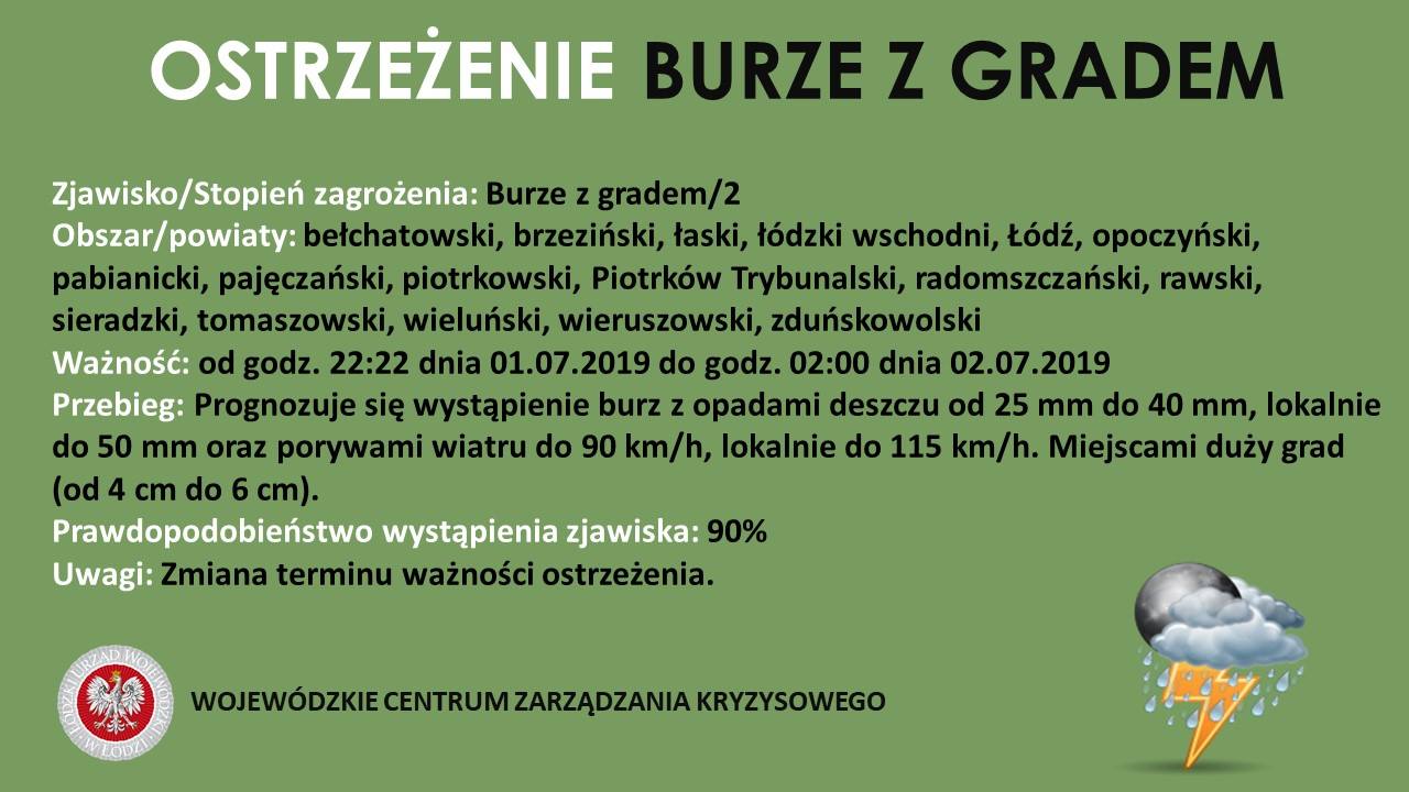 OSTRZEŻENIE METEOROLOGICZNE - BURZE Z GRADEM
 Zjawisko/Stopień zagrożenia: Burze...