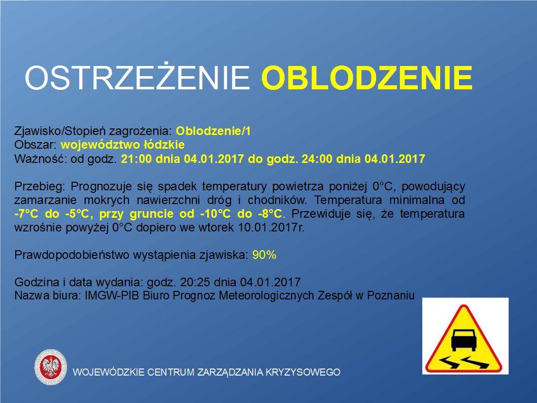 OSTRZEŻENIE Nr 2 
 Zjawisko/Stopień zagrożenia: Oblodzenie/1
 Obszar: województw...