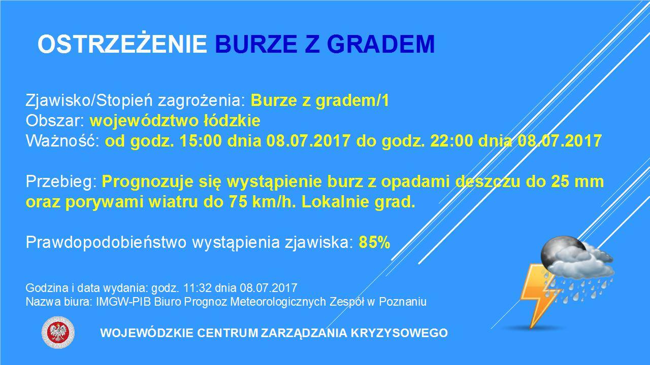 OSTRZEŻENIE Nr 33 
 Zjawisko/Stopień zagrożenia: Burze z gradem/1
 Obszar: wojew...