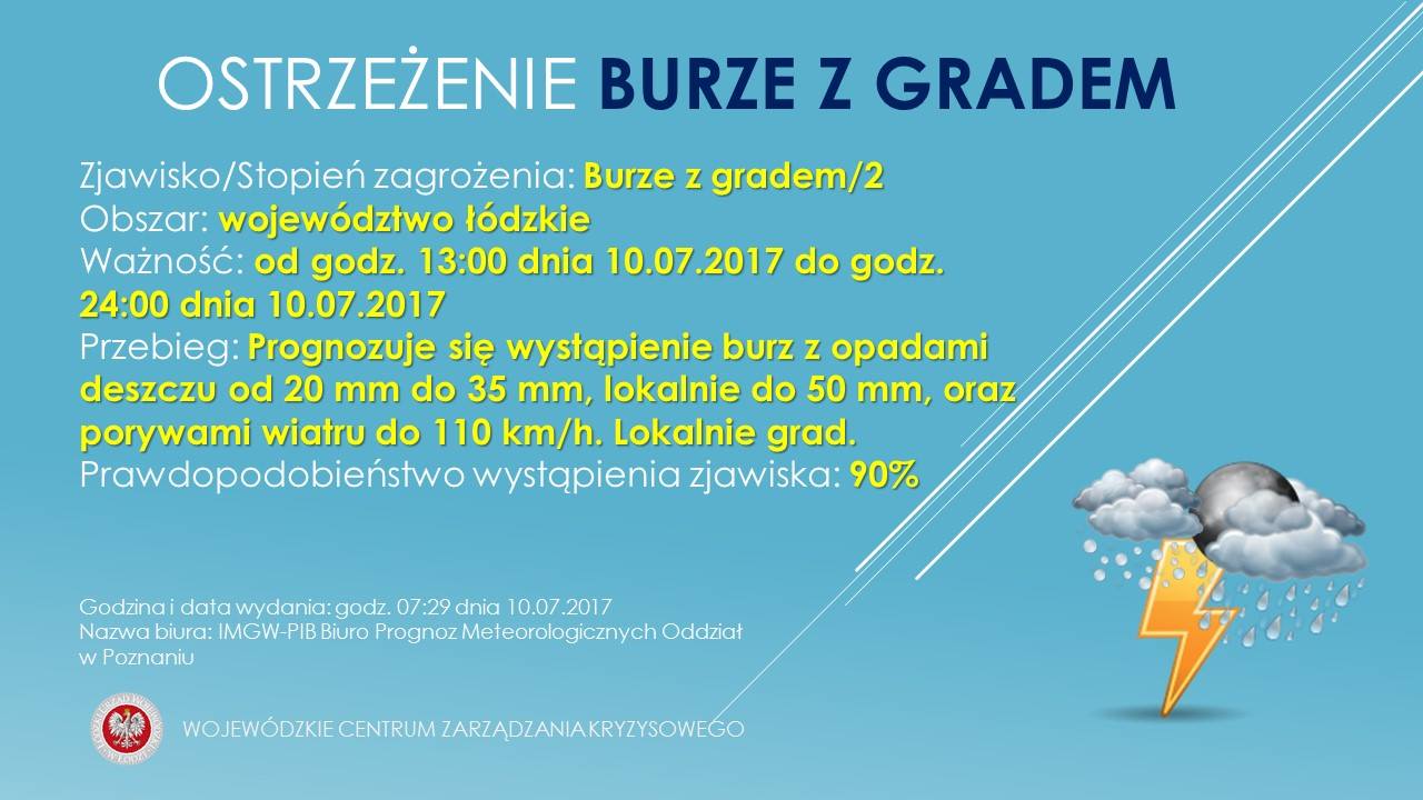 OSTRZEŻENIE Nr 34 
 Zjawisko/Stopień zagrożenia: Burze z gradem/2
 Obszar: wojew...