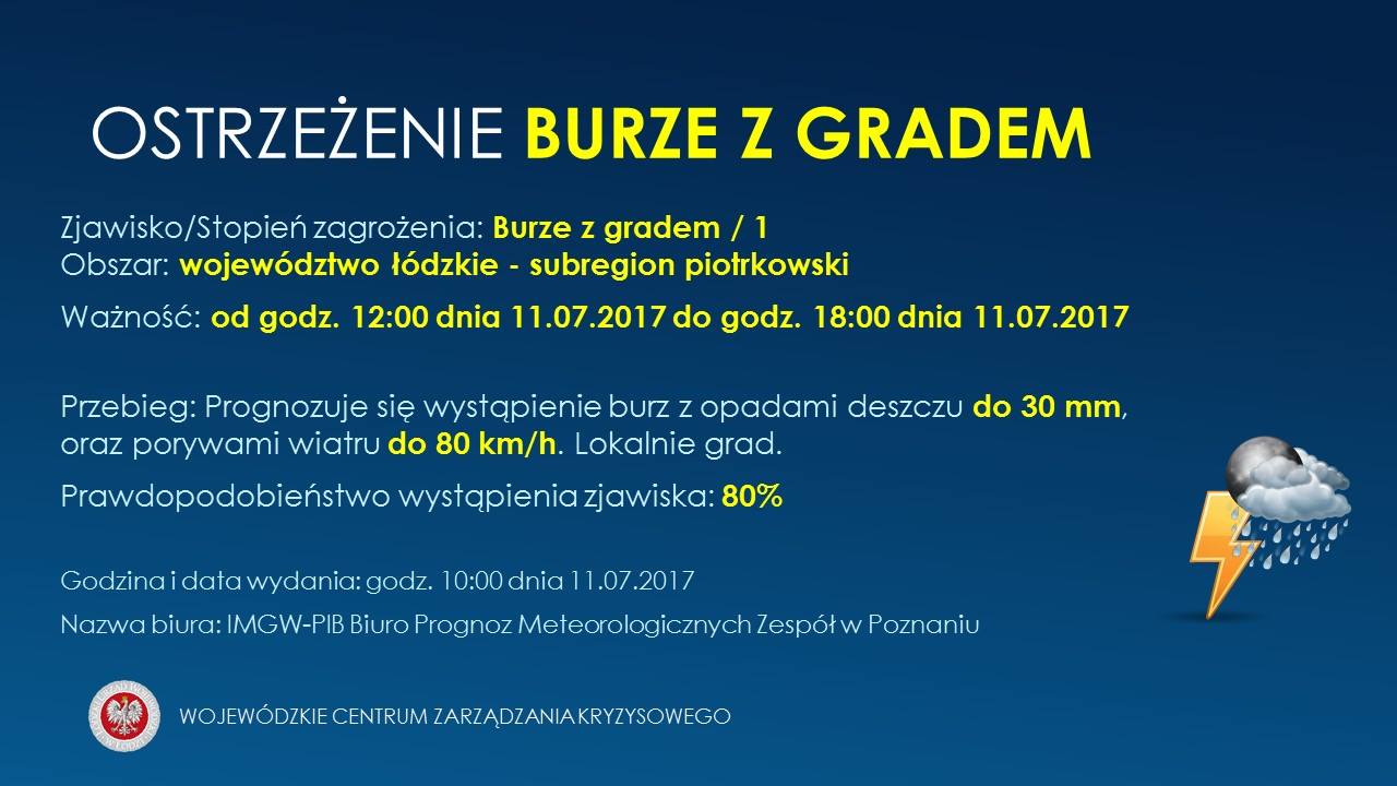 OSTRZEŻENIE Nr 35 
 Zjawisko/Stopień zagrożenia: Burze z gradem/1
 Obszar: wojew...