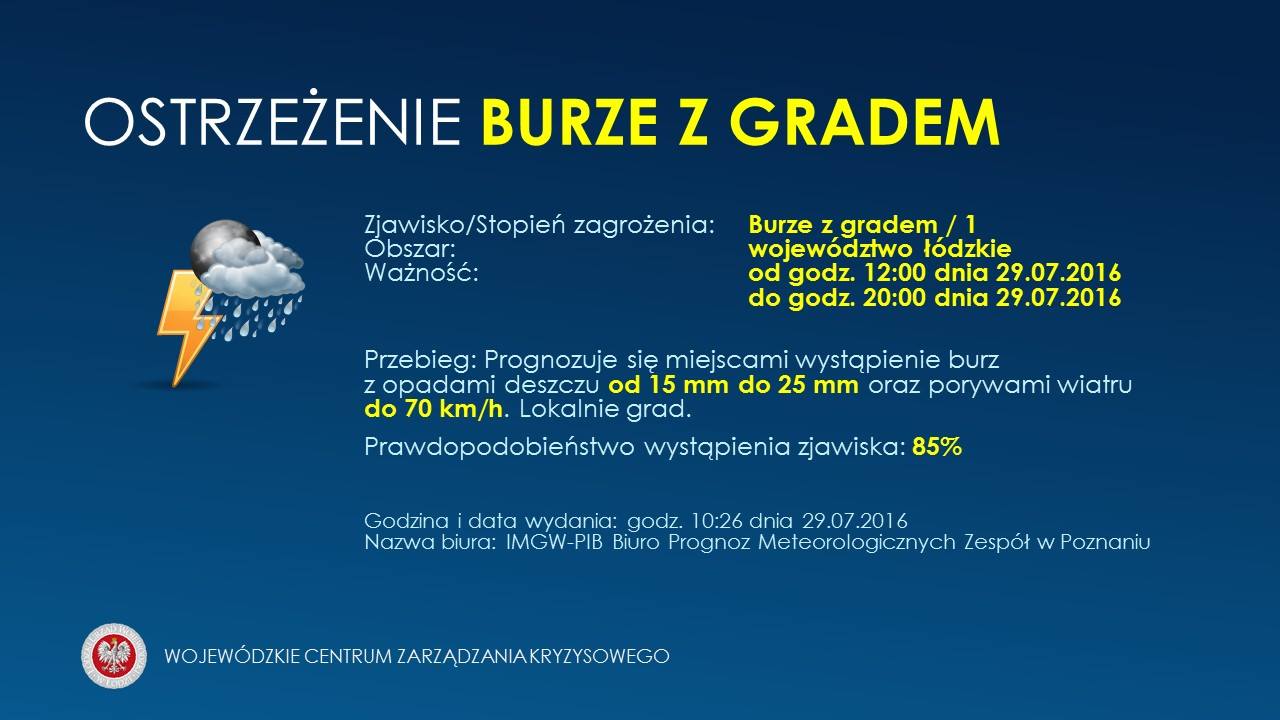 OSTRZEŻENIE Nr 42
 Zjawisko / Stopień zagrożenia: Burze z gradem / 1
 Obszar: wo...