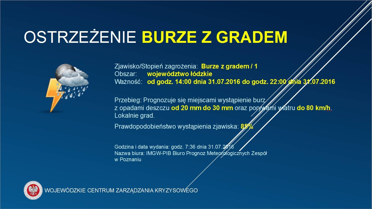 OSTRZEŻENIE Nr 43 
 Zjawisko/Stopień zagrożenia: Burze z gradem/1
 Obszar: wojew...