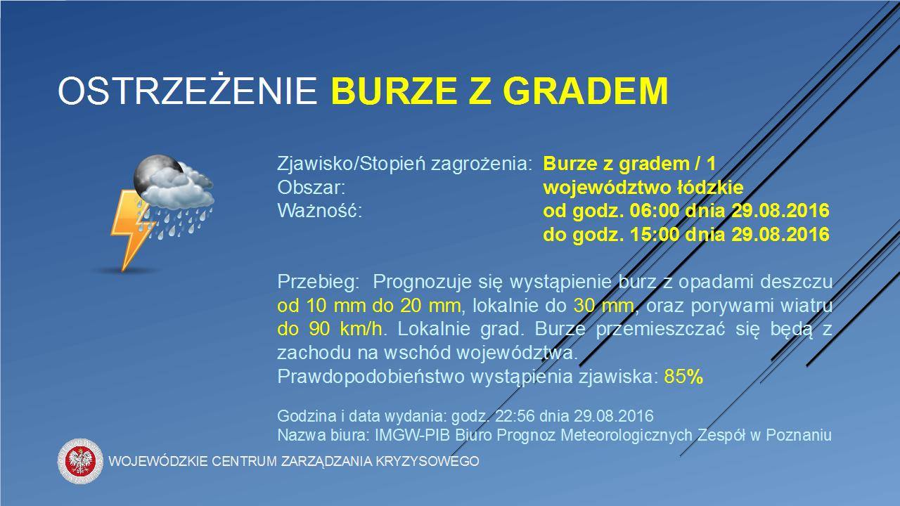 OSTRZEŻENIE Nr 48 
 Zjawisko/Stopień zagrożenia: Burze z gradem/1
 Obszar: wojew...