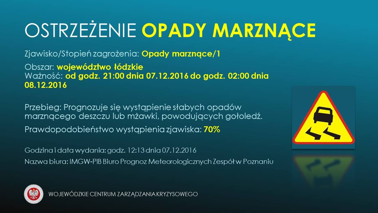 OSTRZEŻENIE Nr 55 
 Zjawisko/Stopień zagrożenia: Opady marznące/1
 Obszar: wojew...