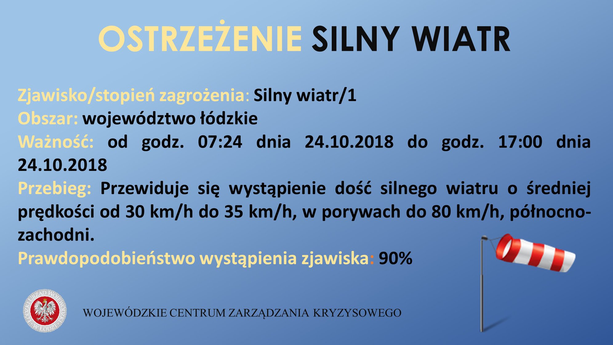 OSTRZEŻENIE SILNY WIATR
 Stopień zagrożenia: 1
 Obszar: woj. łódzkie
 Ważność: o...