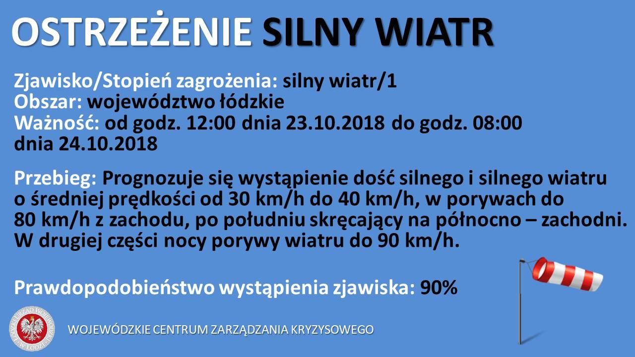 OSTRZEŻENIE SILNY WIATR
 Stopień zagrożenia: 1
 Obszar/powiaty: bełchatowski, ku...