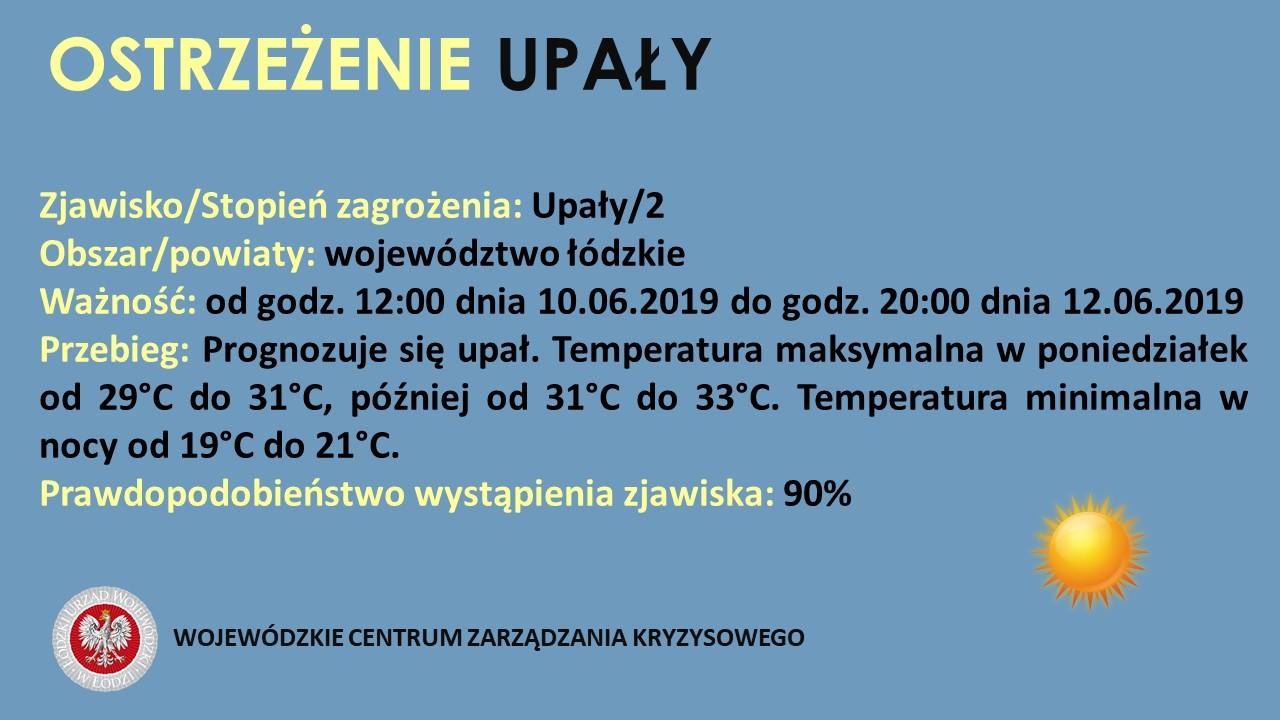 OSTRZEŻENIE UPAŁY
 Zjawisko/Stopień zagrożenia: Upały/2
 Obszar/powiaty: wojewód...