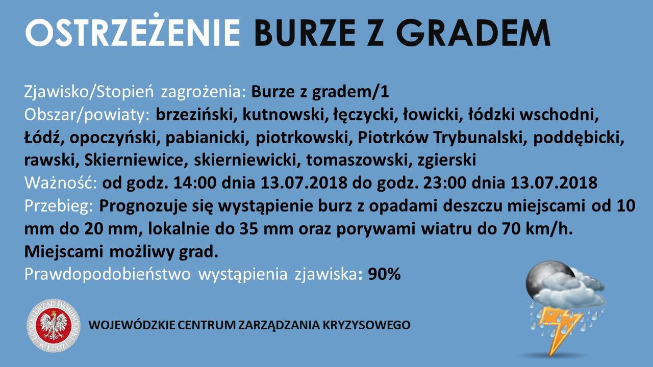 OSTRZEŻENIE
 Zjawisko: Burze z gradem
 Stopień zagrożenia: 1
 Obszar: brzeziński...