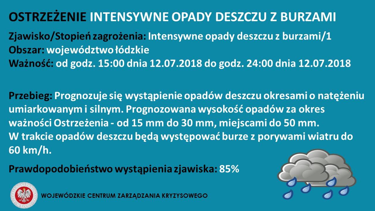 OSTRZEŻENIE
 Zjawisko: Intensywne opady deszczu z burzami
 Stopień zagrożenia: 1...