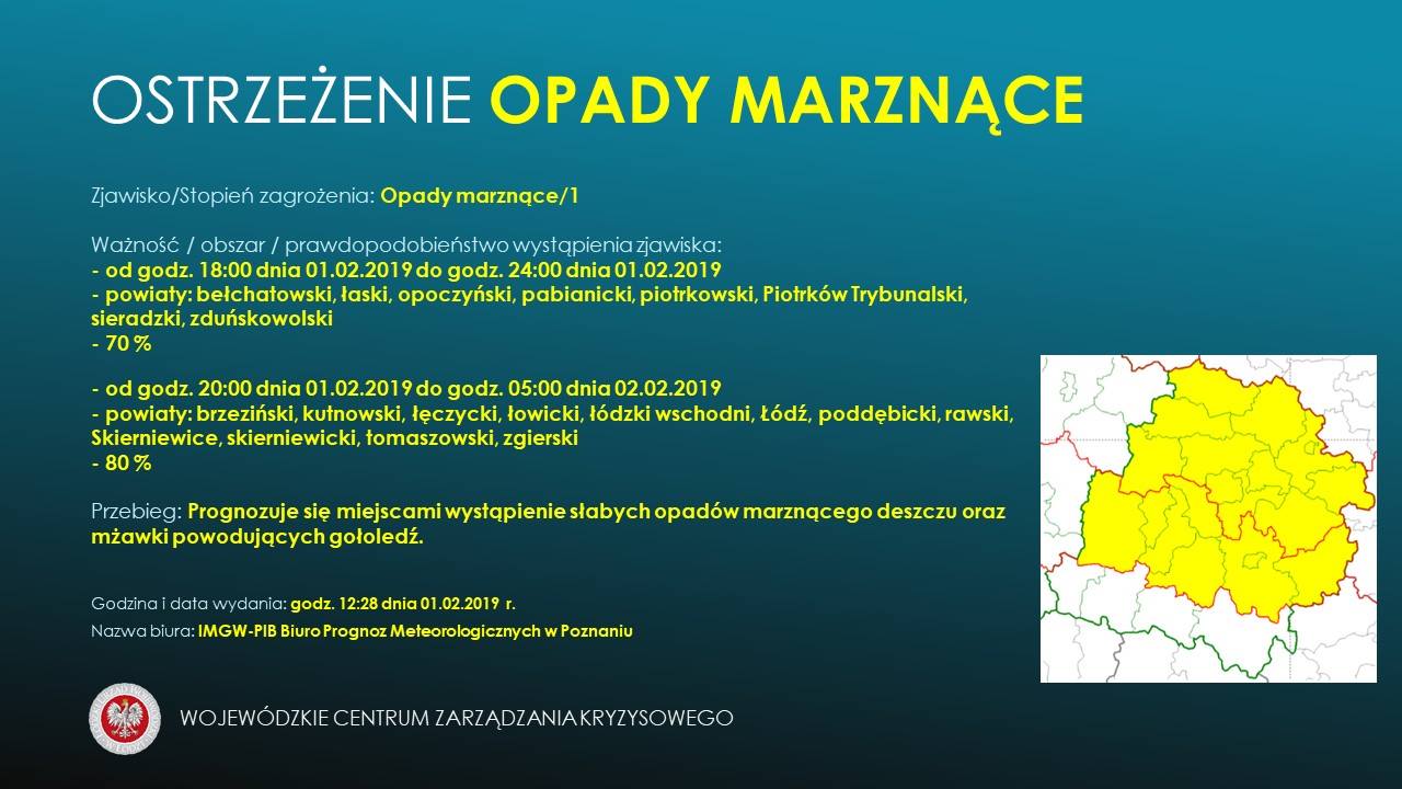 OSTRZEŻENIE:
 Zjawisko/Stopień zagrożenia: Opady marznące/1
 Ważność / obszar / ...