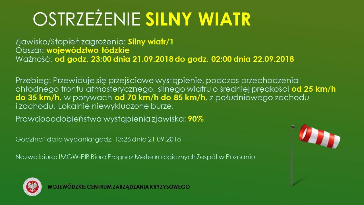 OSTRZEŻENIE 
 Zjawisko/Stopień zagrożenia: Silny wiatr/1
 Obszar: województwo łó...
