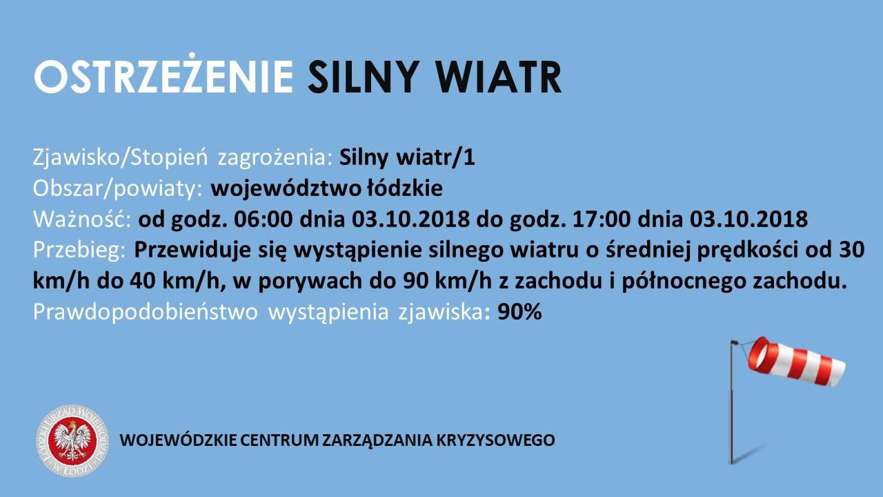 OSTRZEŻENIE 
 Zjawisko/Stopień zagrożenia: Silny wiatr/1
 Obszar/powiaty: wojewó...