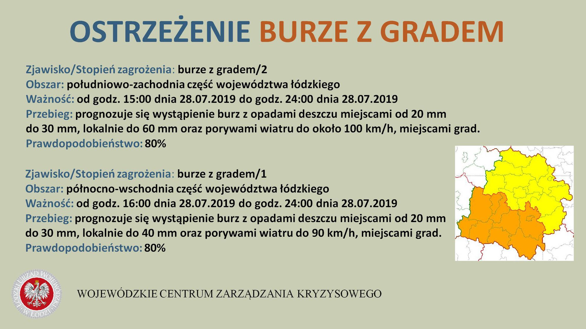 Ostrzeżenia meteorologiczne
 Zjawisko/Stopień zagrożenia: burze z gradem/2
 Obsz...